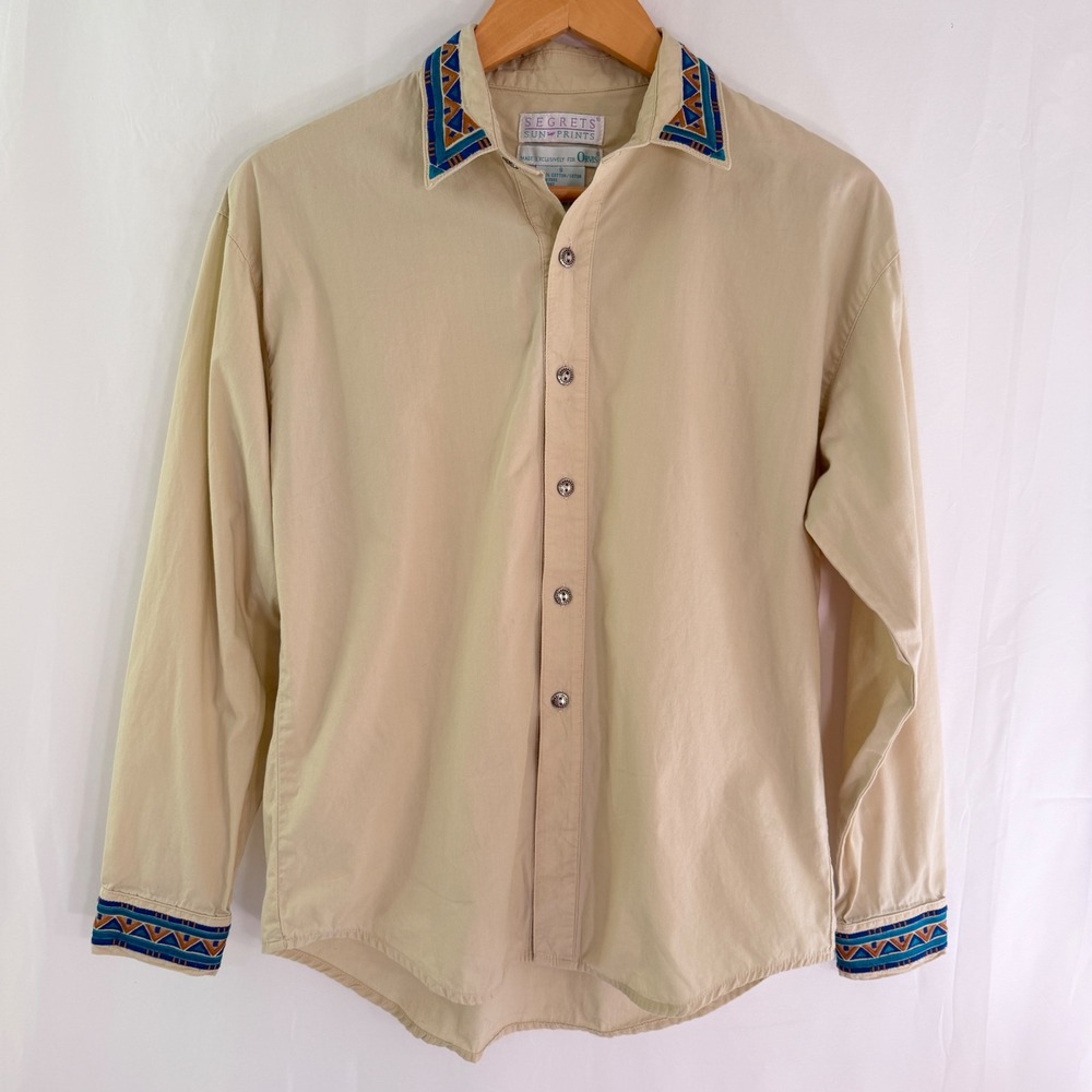 Segrets Sun Prints Orvis Mens Small Tan Cotton Southwestern Embroidered Shirt